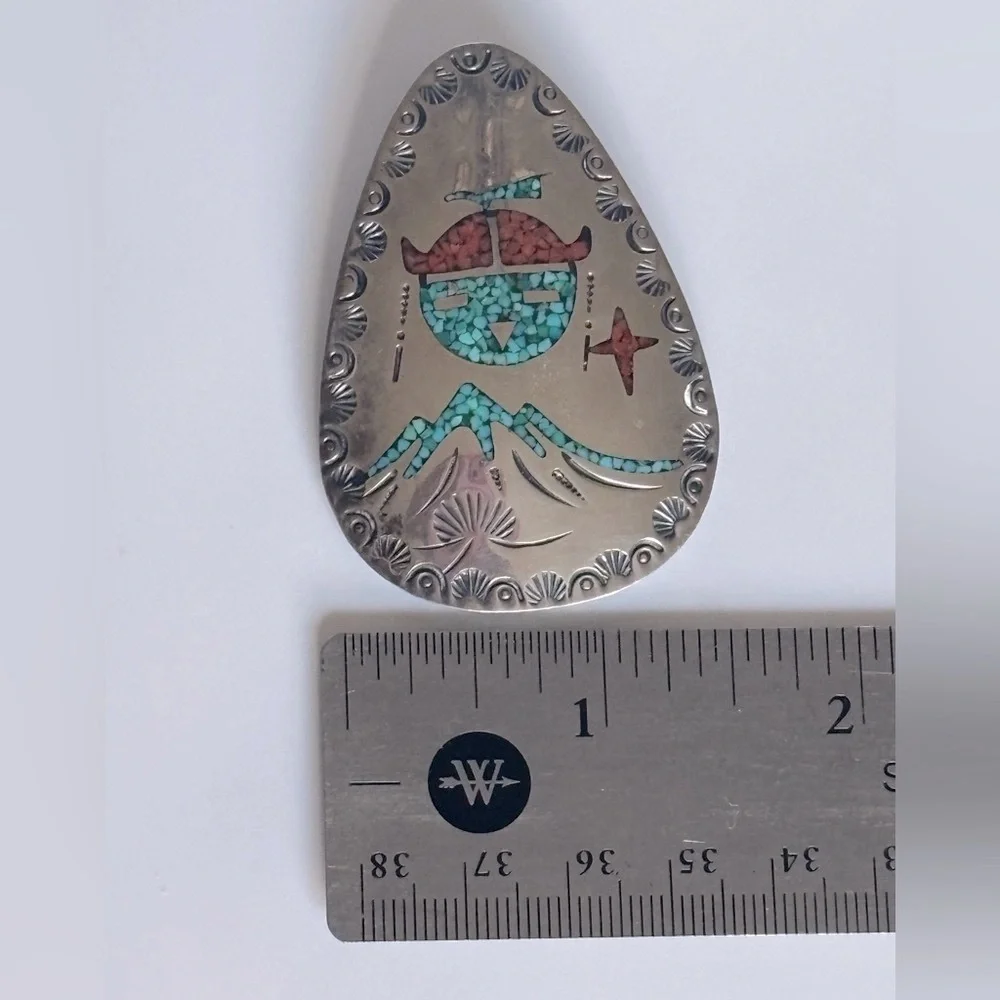 Tommy Singer Sterling Silver Turquoise & Coral‎ Chip Inlay Brooch/ Pendant